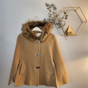 Michael Kors Hooded Cape Coat M Faux Fur Trim Metal Clasps